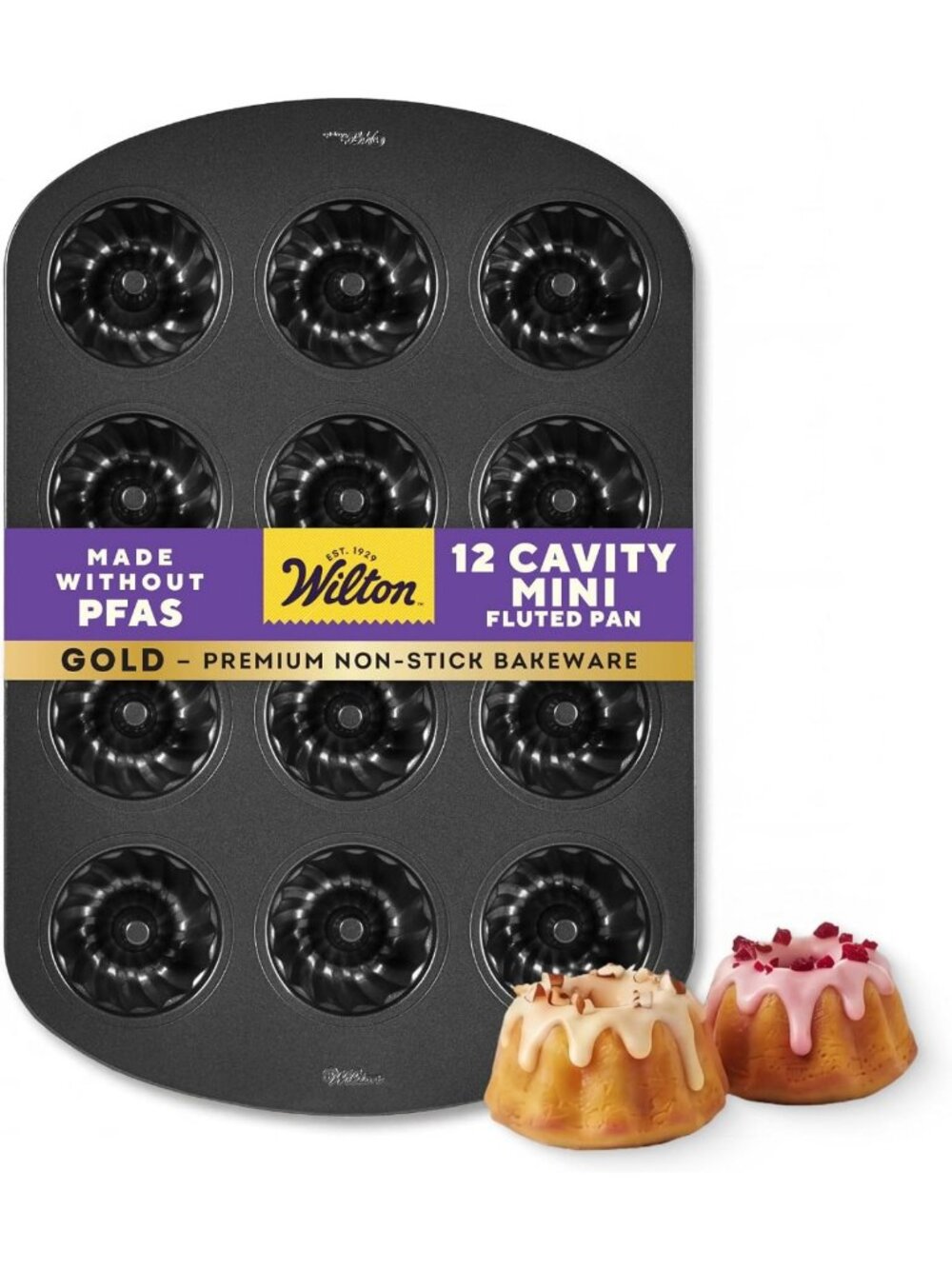 Non-Stick Mini Fluted Tube Pan, 12-Cavity Bakeware, PFAS-Free, Gold Finish